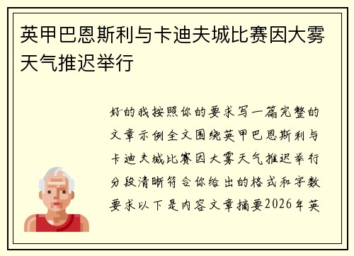 英甲巴恩斯利与卡迪夫城比赛因大雾天气推迟举行